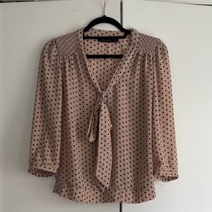 The Limited Polka Dot Tie Neck Blouse Women's Size S Beige Black 3/4 Sleeve